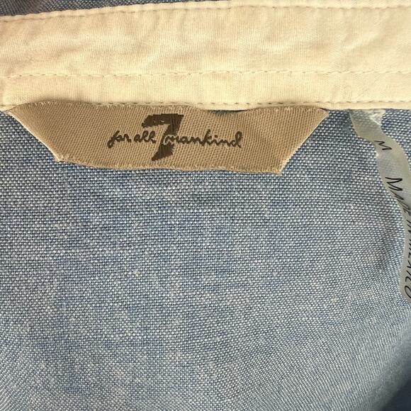 7 For All Mankind Chambray White Detail Button Down 3/4 Sleeve Shirt M Medium - Picture 6 of 8